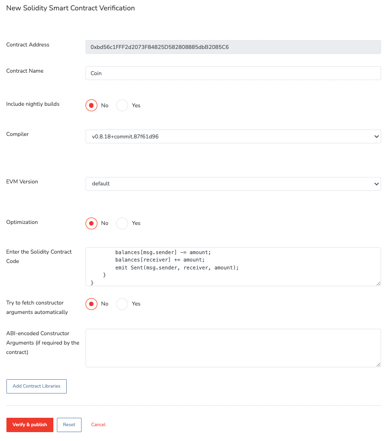 Verifying the coin contract on the chain explorer